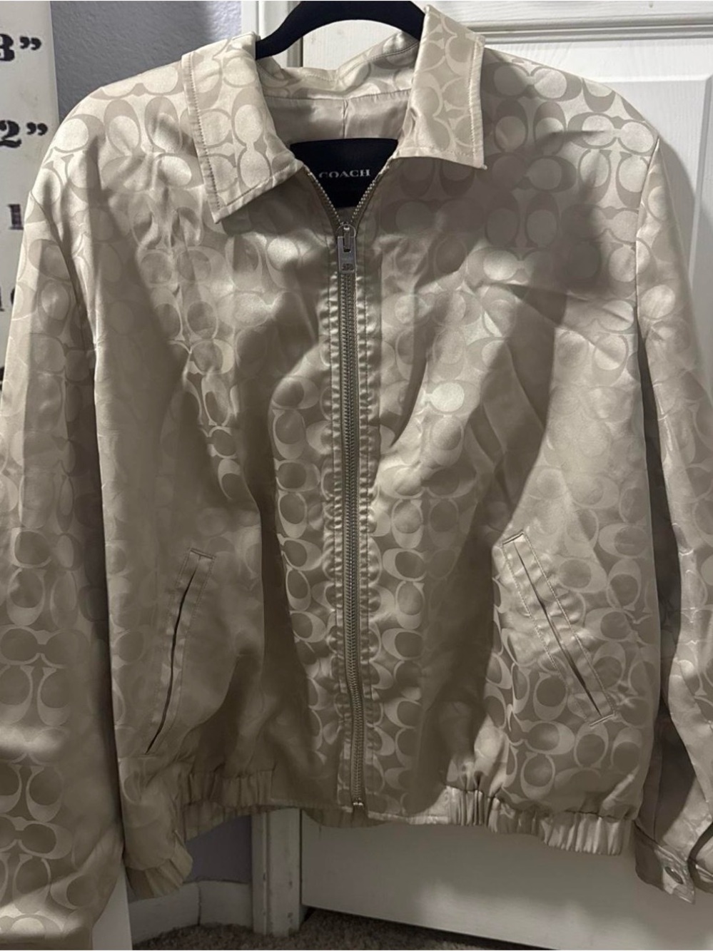 Coach Satin Logo Bomber Jacket in Champagne Beige